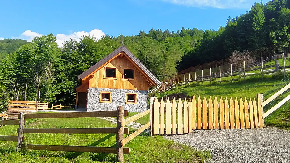 Chalet in legno e pietra con steccato a punta e recinzione in legno, prato e bosco sullo sfondo, Raveo (Carnia)